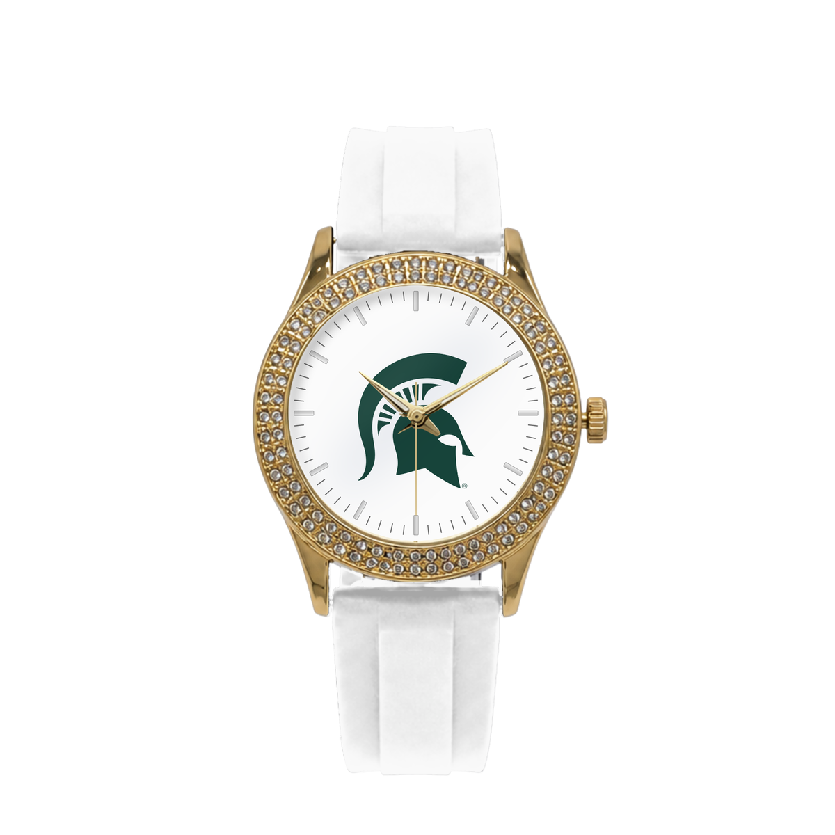 Michigan State Spartans Gold Metal Diamond watch with white silicone band