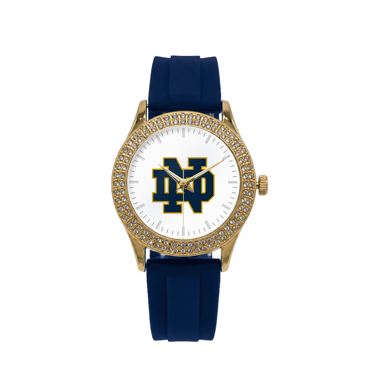 Notre Dame Fighting Irish Gold Metal Diamond watch with navy silicone band