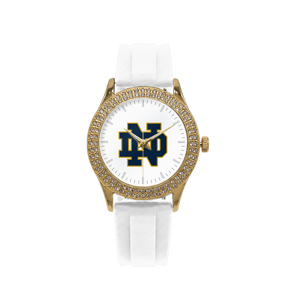 Notre Dame Fighting Irish Gold Metal Diamond watch with white silicone band