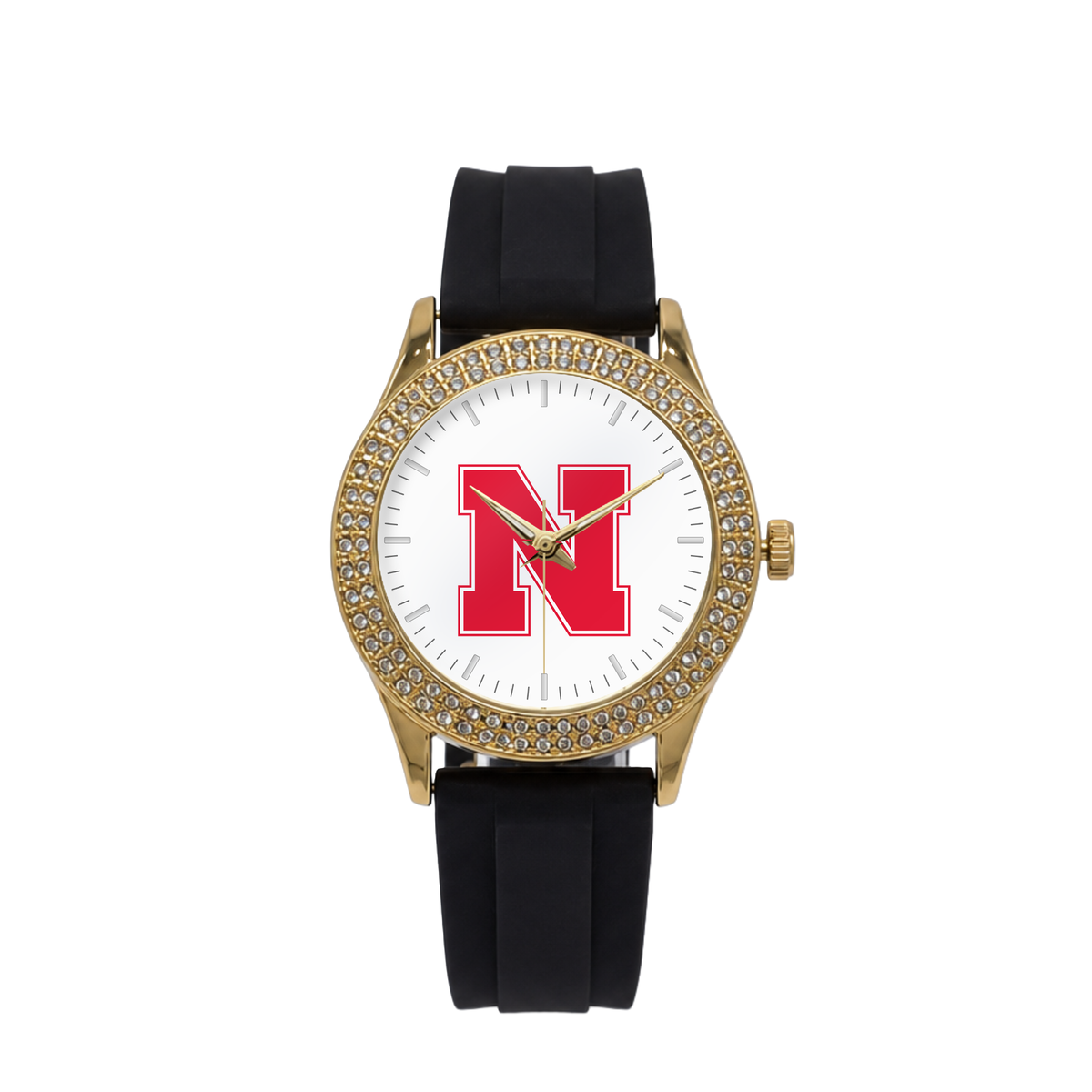 Nebraska Cornhuskers Gold Metal Diamond watch with black silicone band