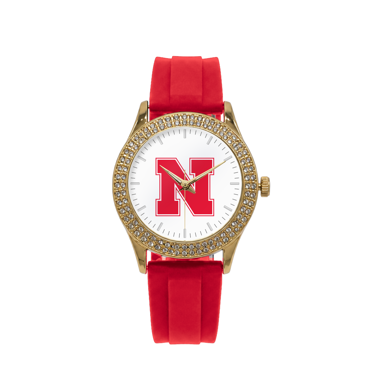 Nebraska Cornhuskers Gold Metal Diamond watch with red silicone band