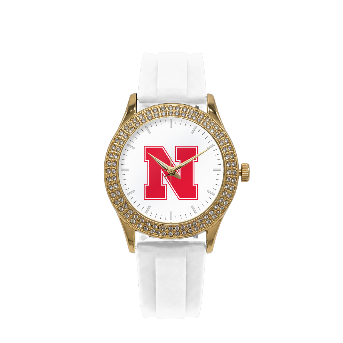 Nebraska Cornhuskers Gold Metal Diamond watch with white silicone band