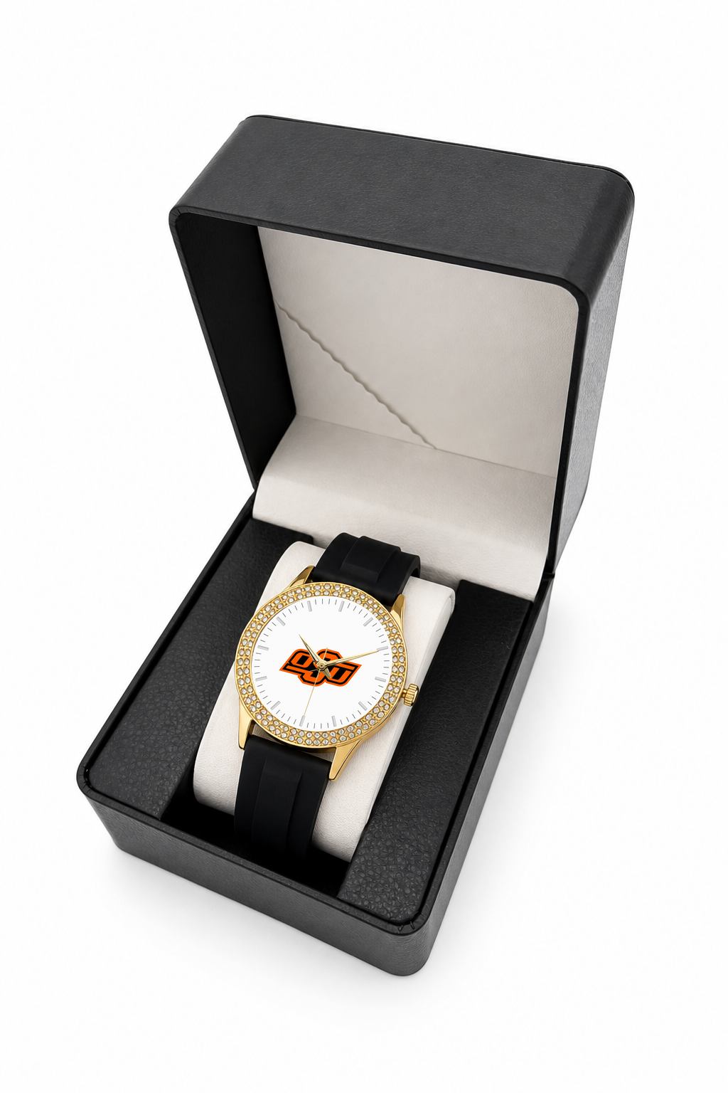 Oklahoma State Cowboys Gold Metal Diamond watch with black silicone band in LicensedTime gift box