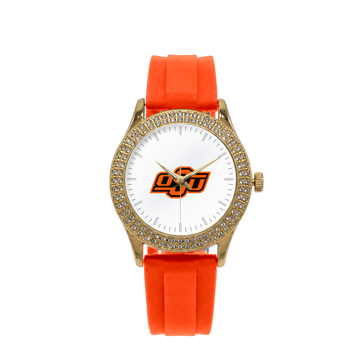 Oklahoma State Cowboys Gold Metal Diamond watch with orange silicone band