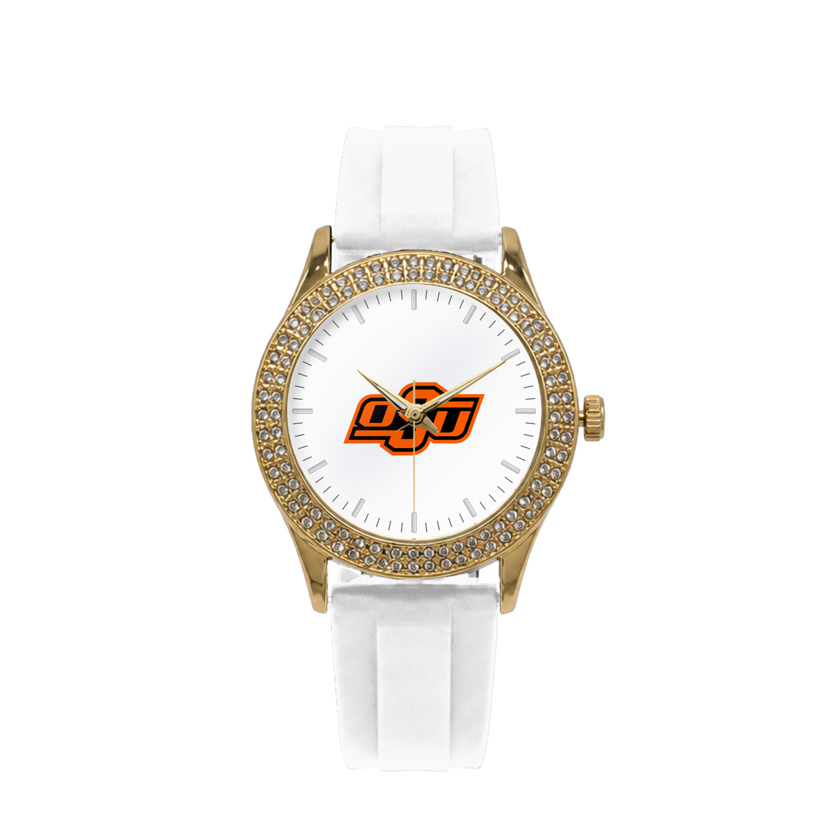 Oklahoma State Cowboys Gold Metal Diamond watch with white silicone band