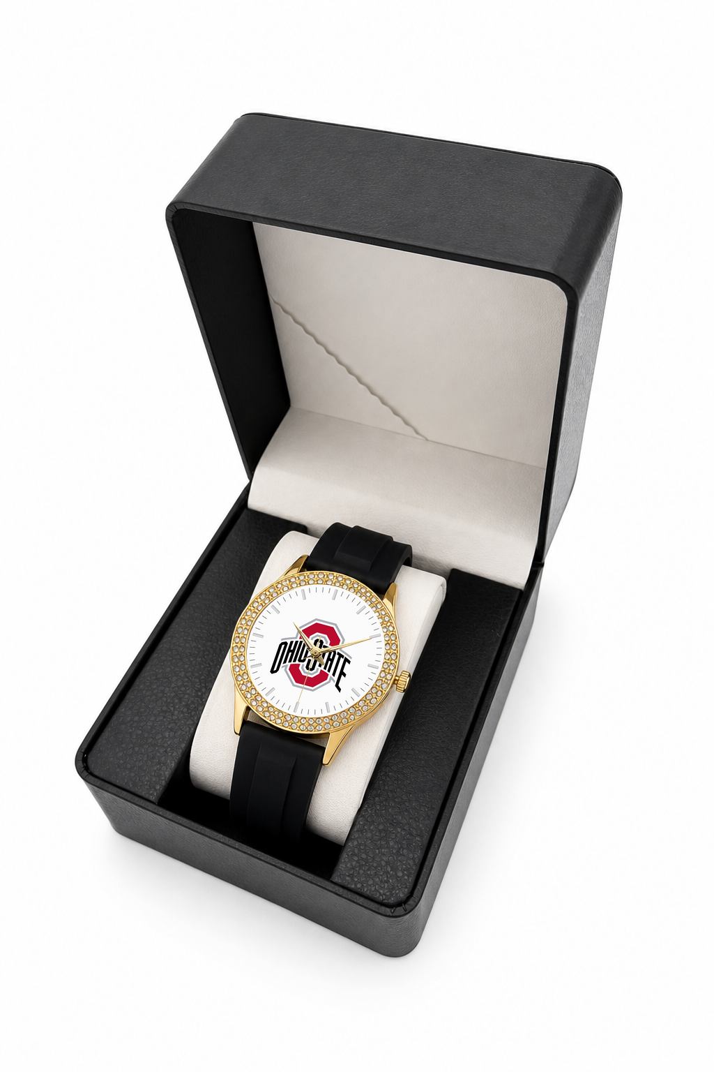 Ohio State Buckeyes Gold Metal Diamond watch with black silicone band in LicensedTime gift box