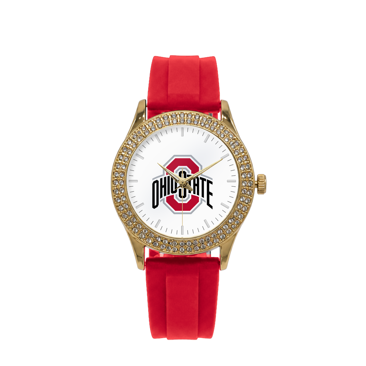 Ohio State Buckeyes Gold Metal Diamond watch with red silicone band