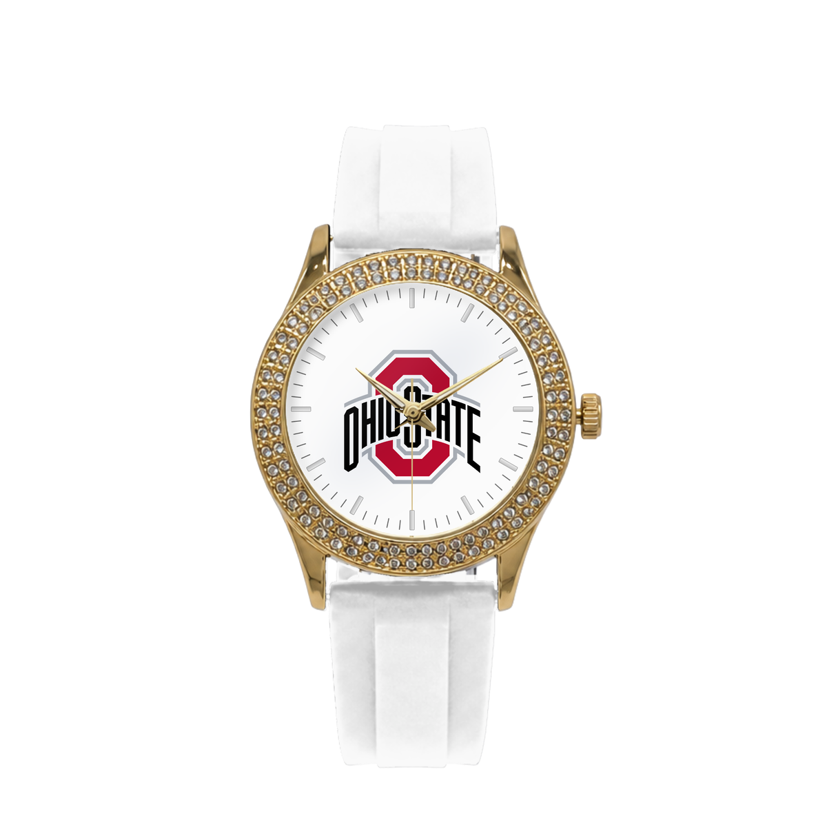 Ohio State Buckeyes Gold Metal Diamond watch with white silicone band