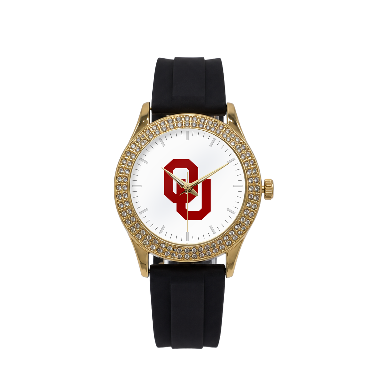 Oklahoma Sooners Gold Metal Diamond watch with black silicone band