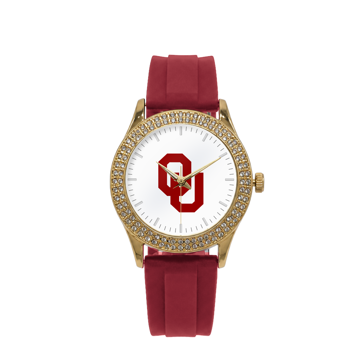 Oklahoma Sooners Gold Metal Diamond watch with red silicone band