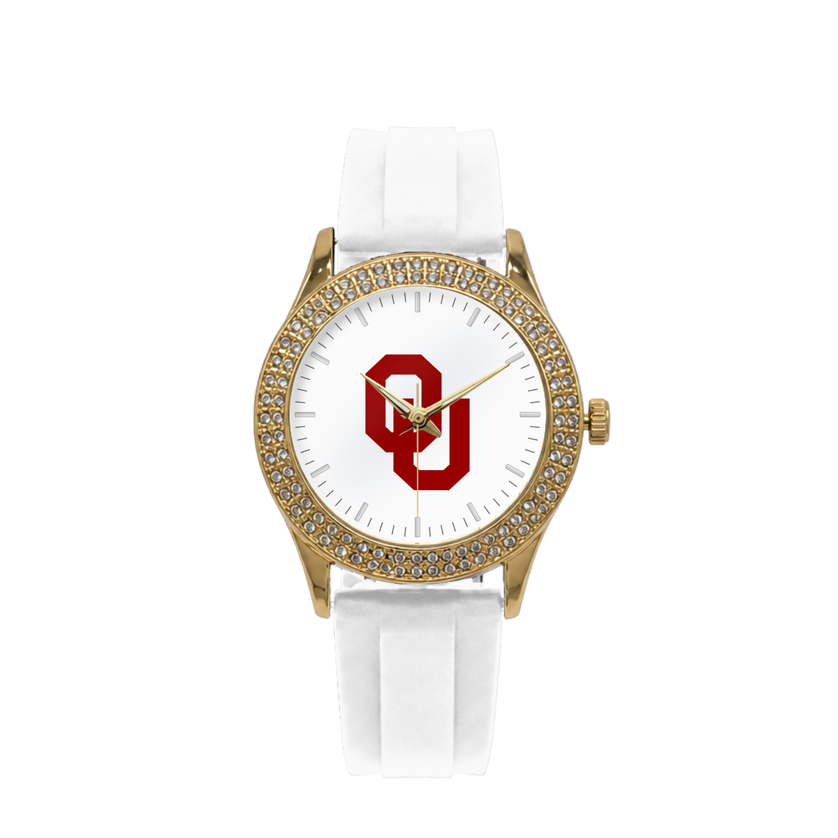 Oklahoma Sooners Gold Metal Diamond watch with white silicone band