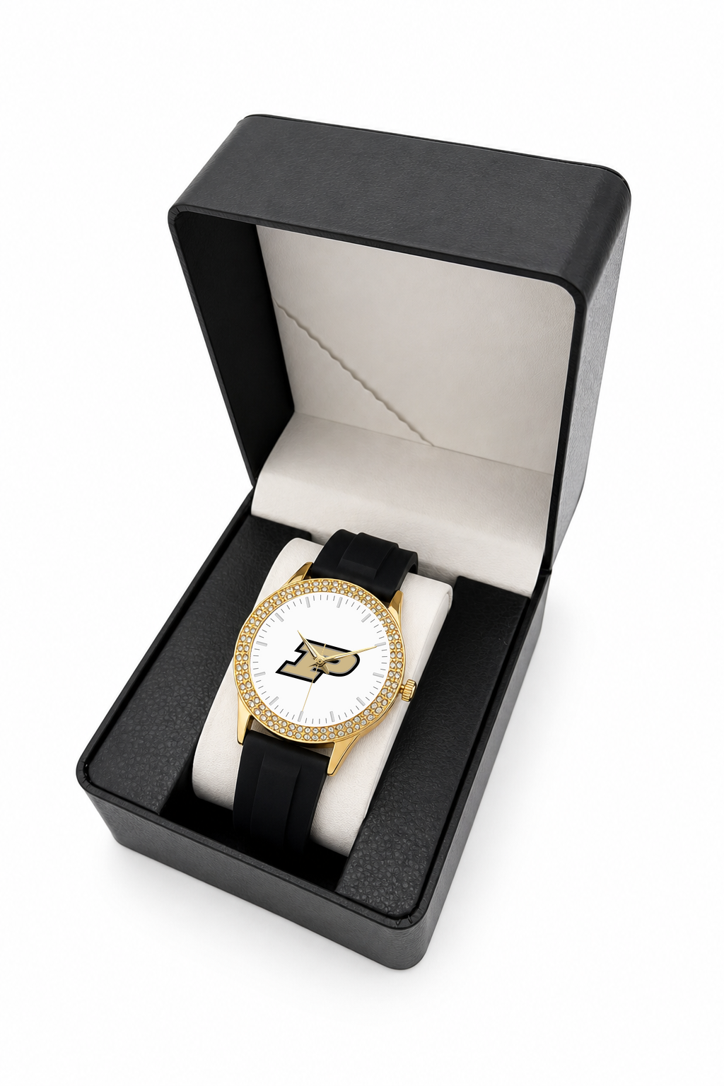 Purdue Boilermakers Gold Metal Diamond watch with black silicone band in LicensedTime gift box