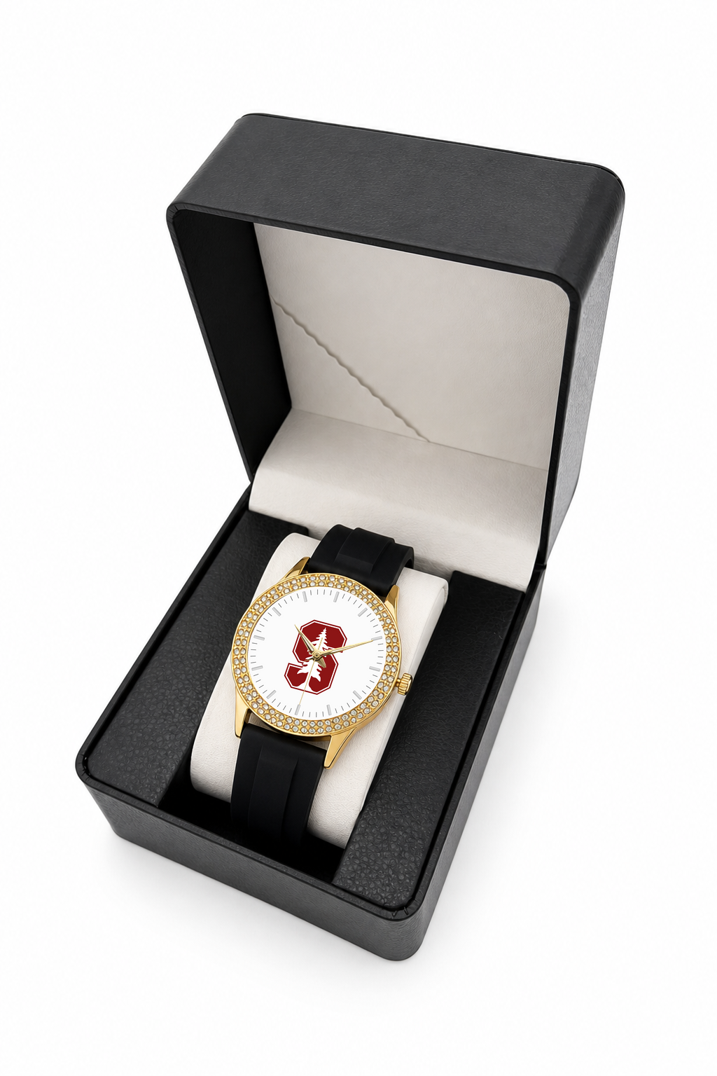 Stanford Cardinal Gold Metal Diamond watch with black silicone band in LicensedTime gift box