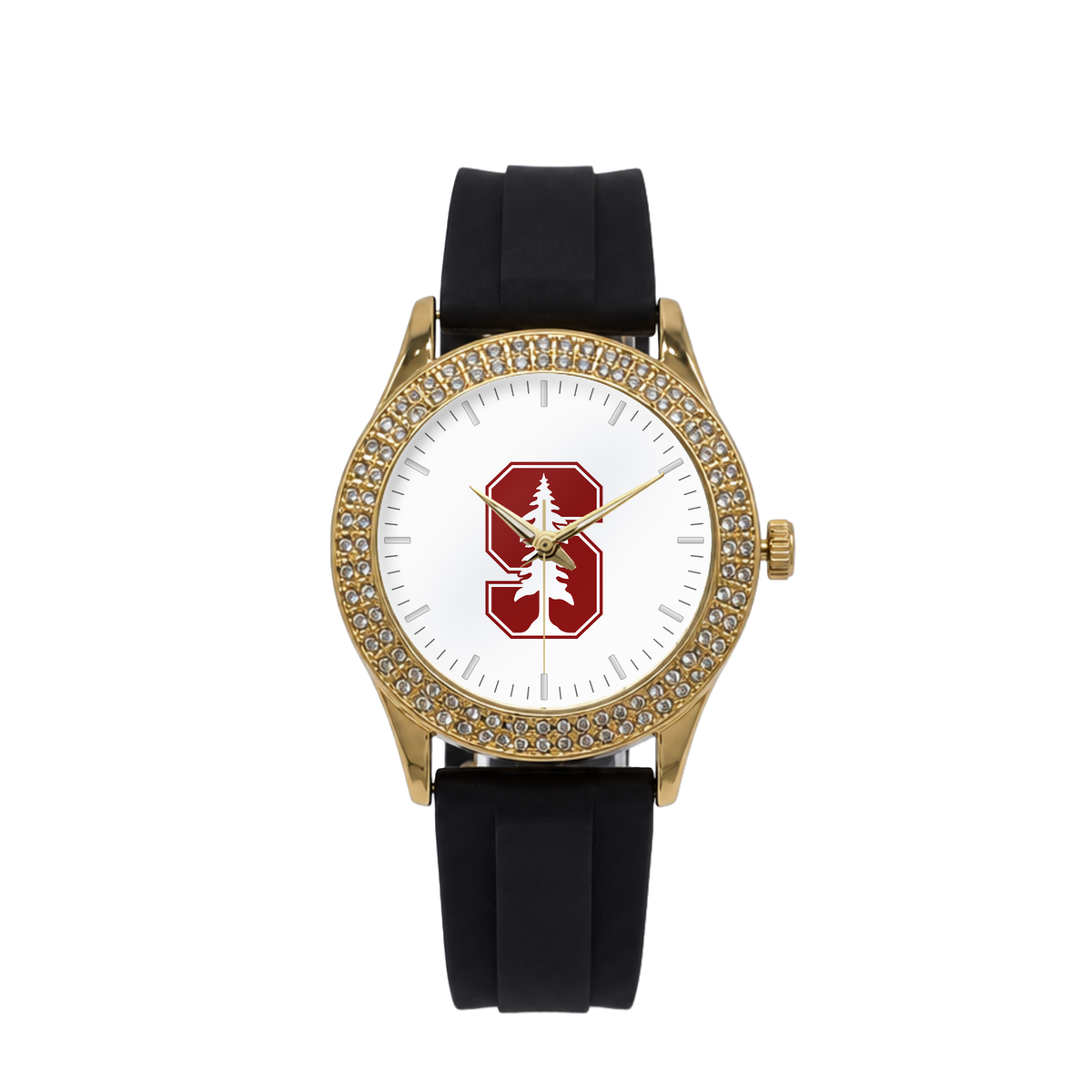 Stanford Cardinal Gold Metal Diamond watch with black silicone band