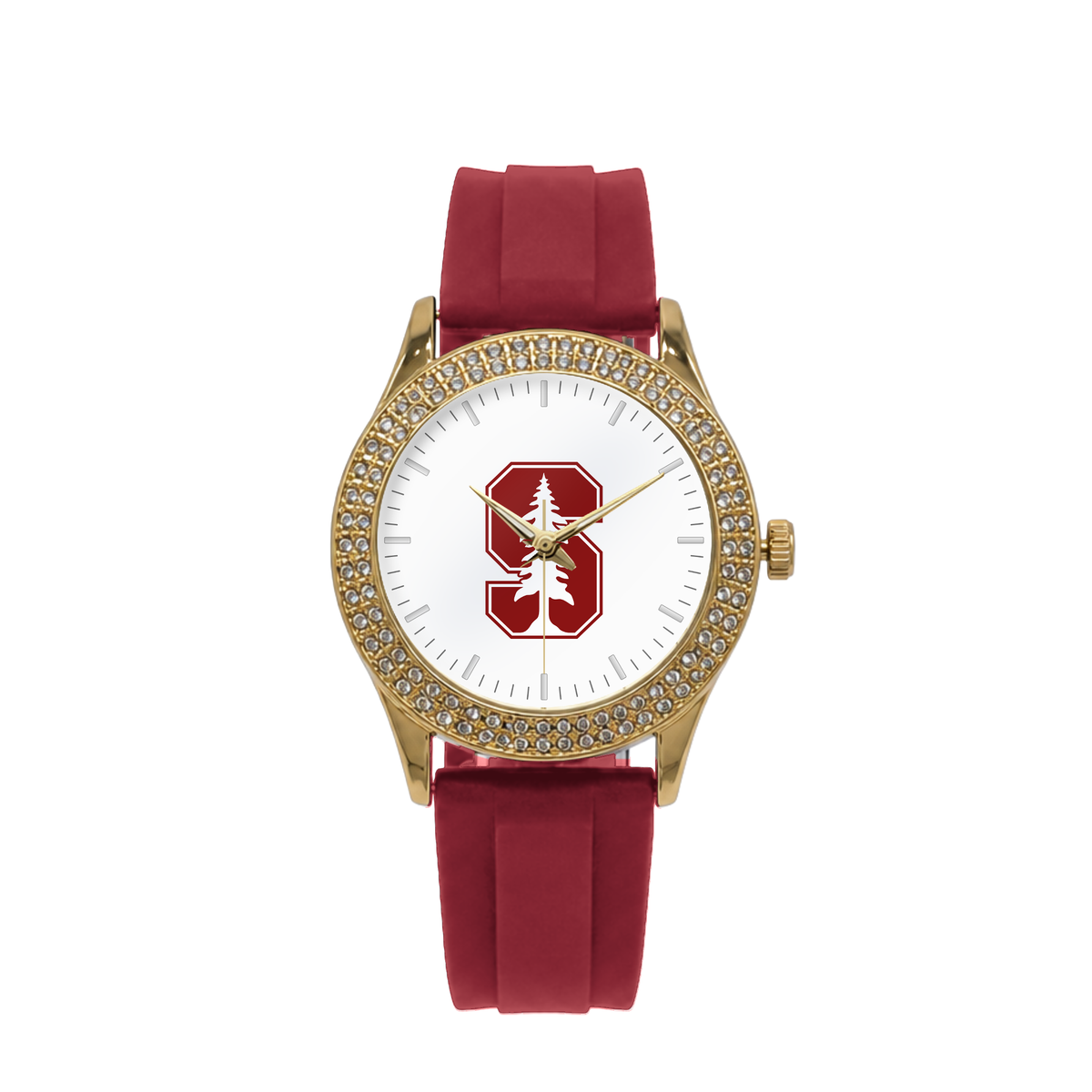 Stanford Cardinal Gold Metal Diamond watch with red silicone band