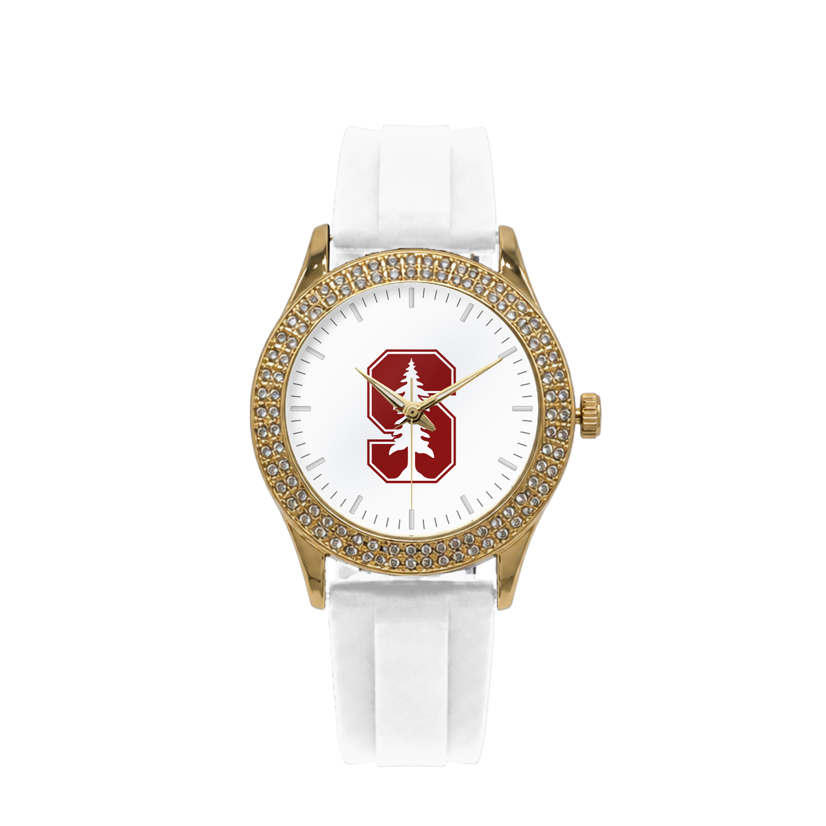 Stanford Cardinal Gold Metal Diamond watch with white silicone band
