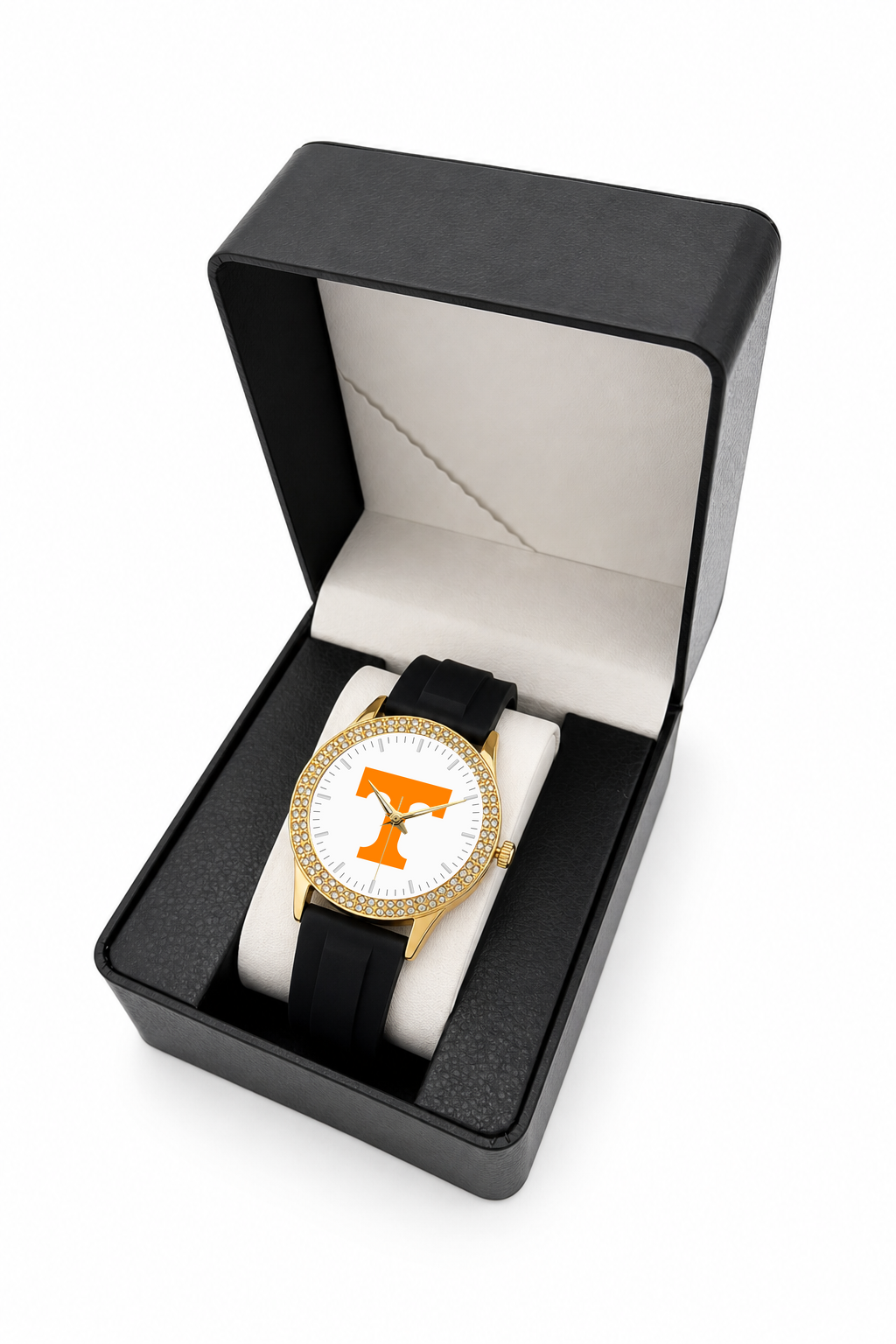 Tennessee Volunteers Gold Metal Diamond watch with black silicone band in LicensedTime gift box