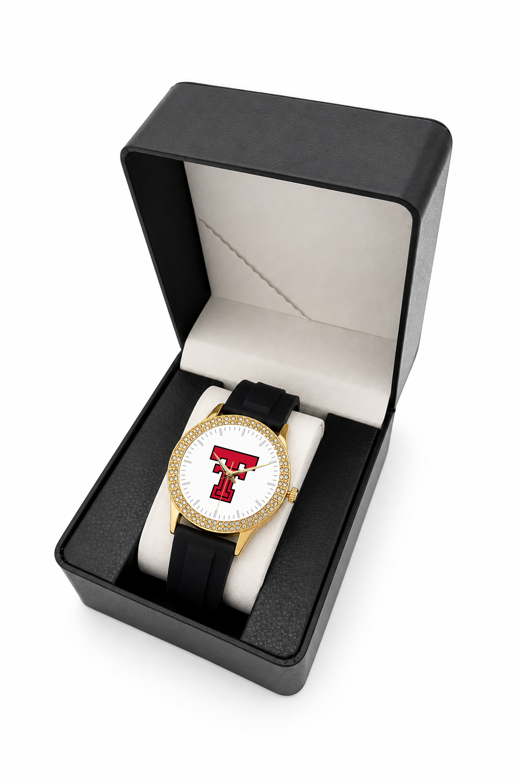 Texas Tech Red Raiders Gold Metal Diamond watch with black silicone band in LicensedTime gift box