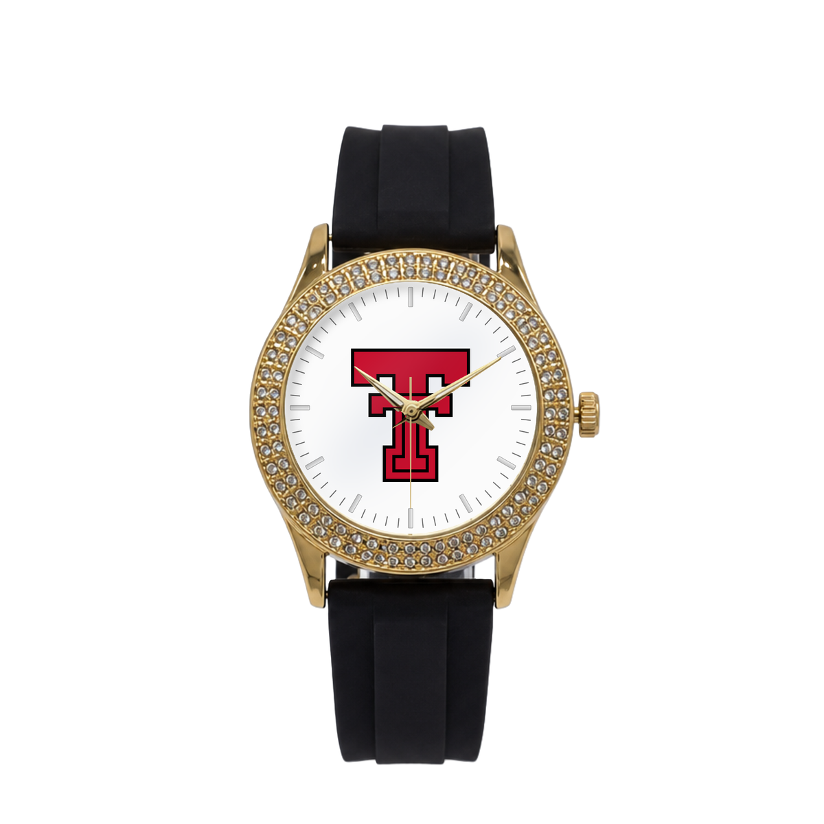 Texas Tech Red Raiders Gold Metal Diamond watch with black silicone band