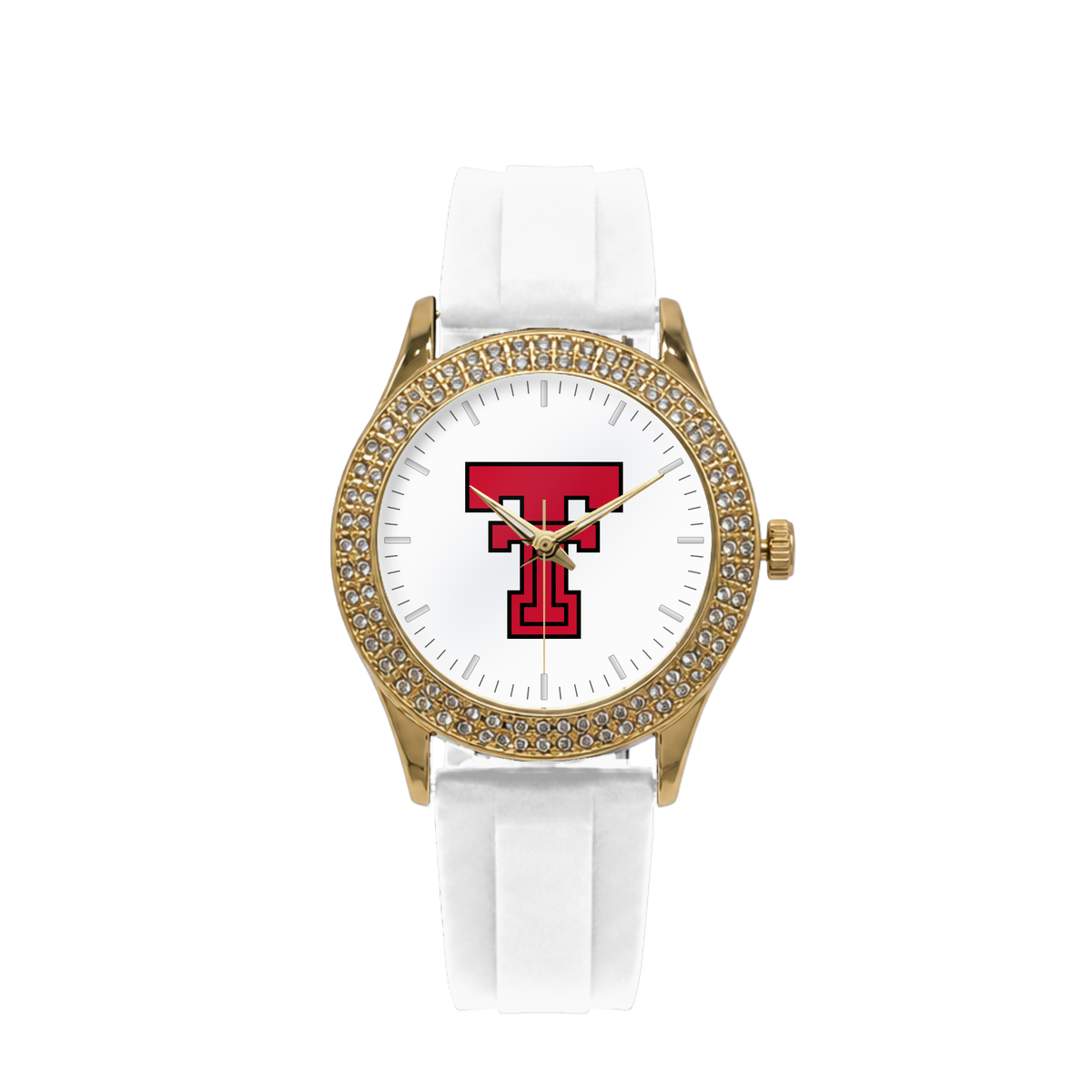 Texas Tech Red Raiders Gold Metal Diamond watch with white silicone band