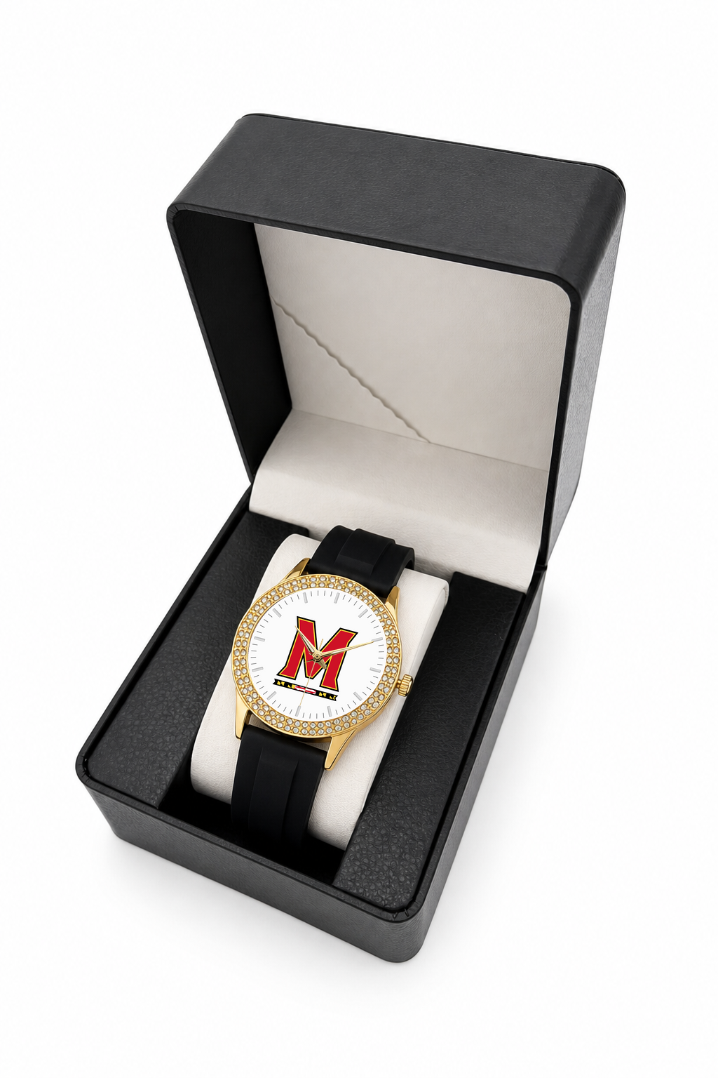 Maryland Terrapins Gold Metal Diamond watch with black silicone band in LicensedTime gift box