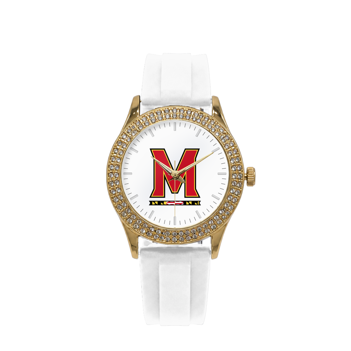 Maryland Terrapins Gold Metal Diamond watch with white silicone band
