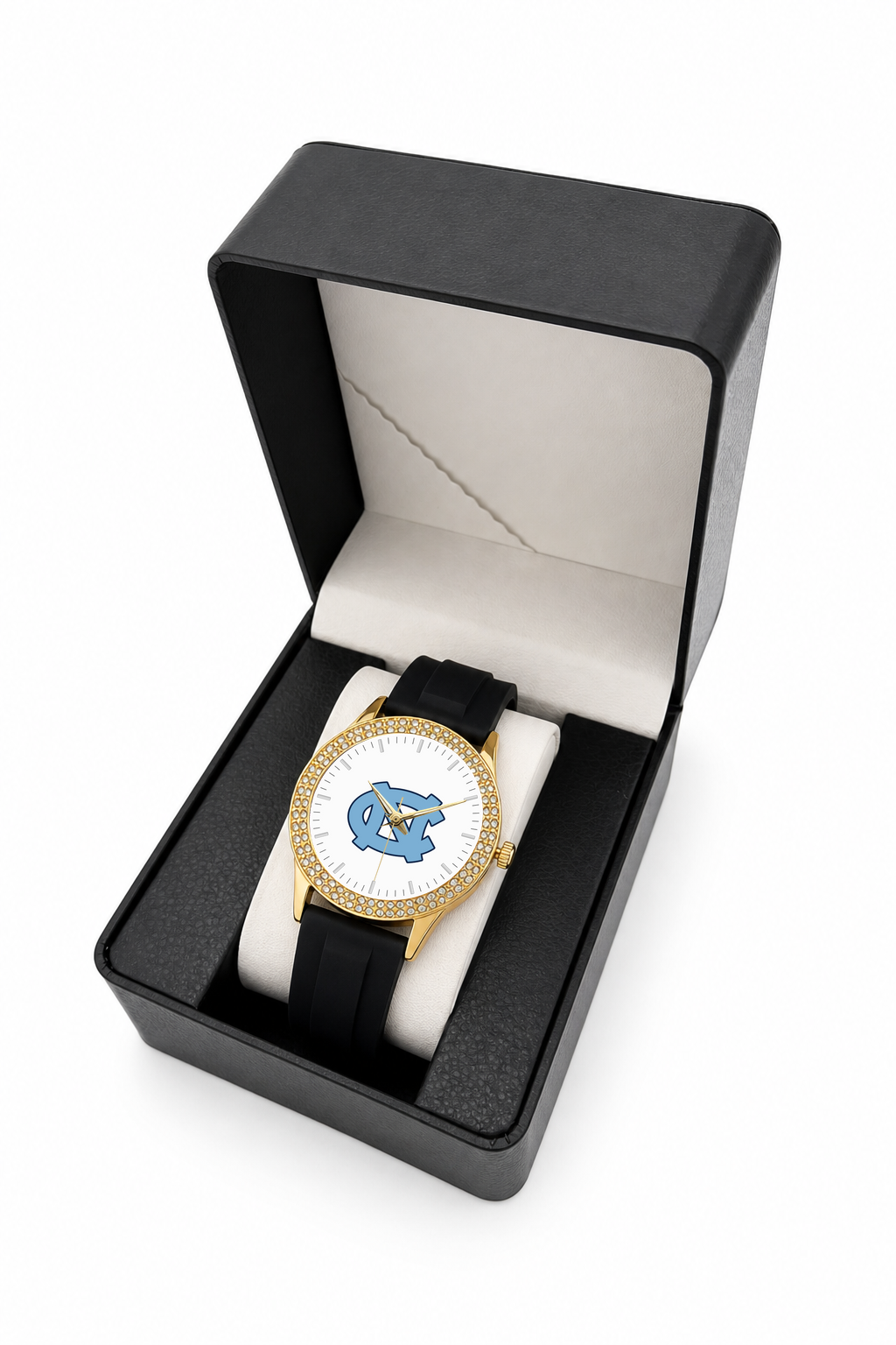 North Carolina Tar Heels Gold Metal Diamond watch with black silicone band in LicensedTime gift box