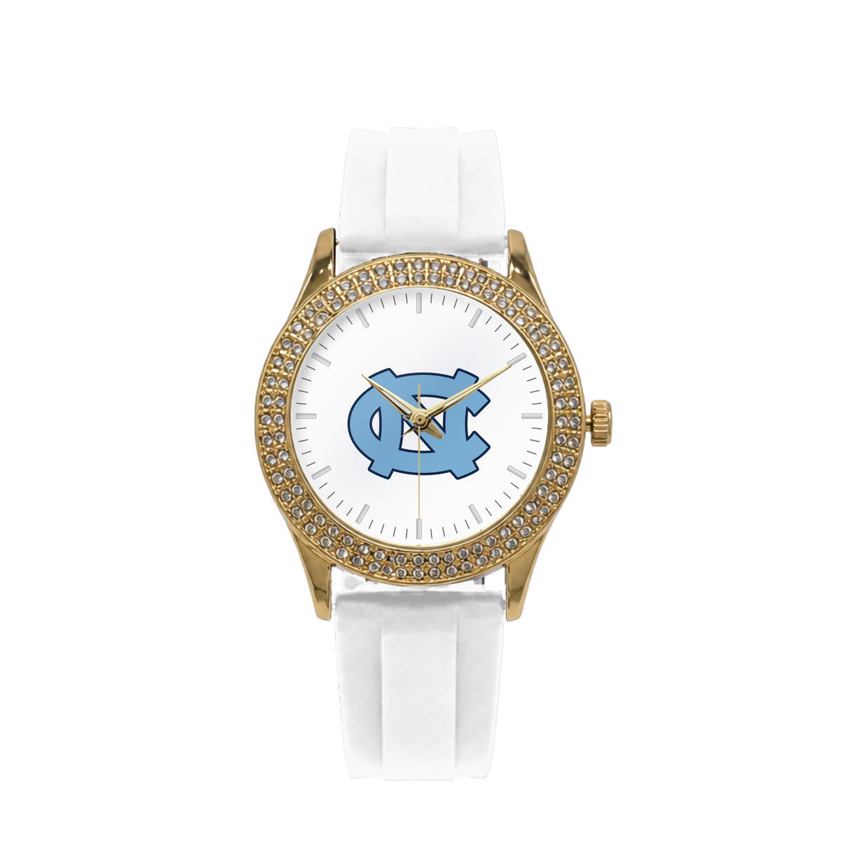 North Carolina Tar Heels Gold Metal Diamond watch with white silicone band