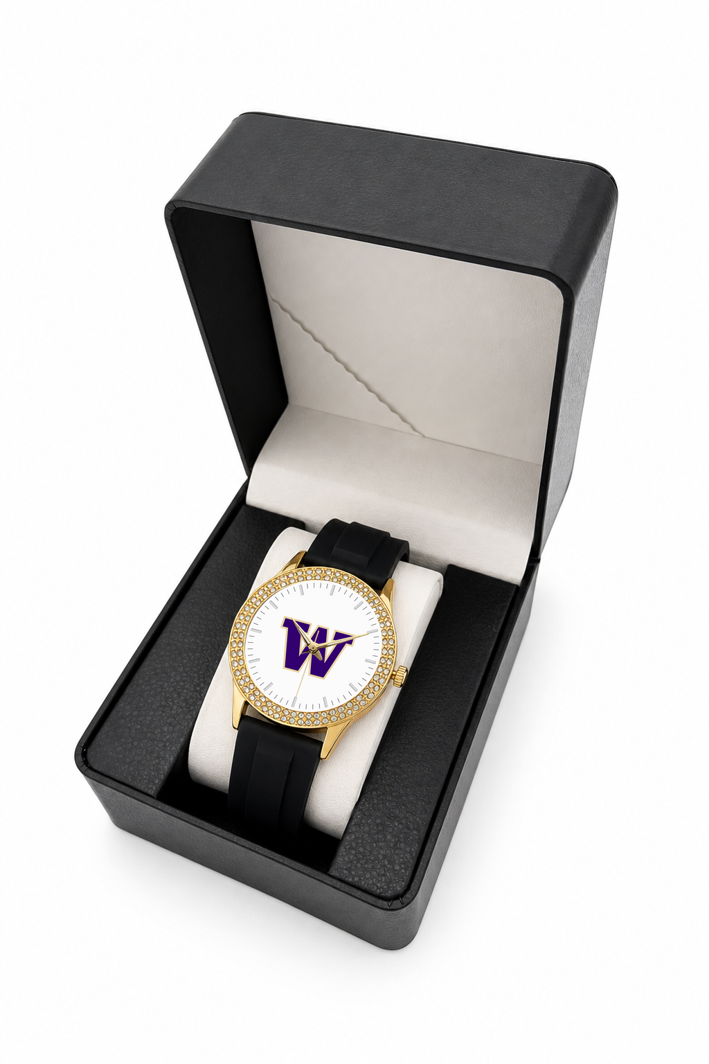 Washington Huskies Gold Metal Diamond watch with black silicone band in LicensedTime gift box