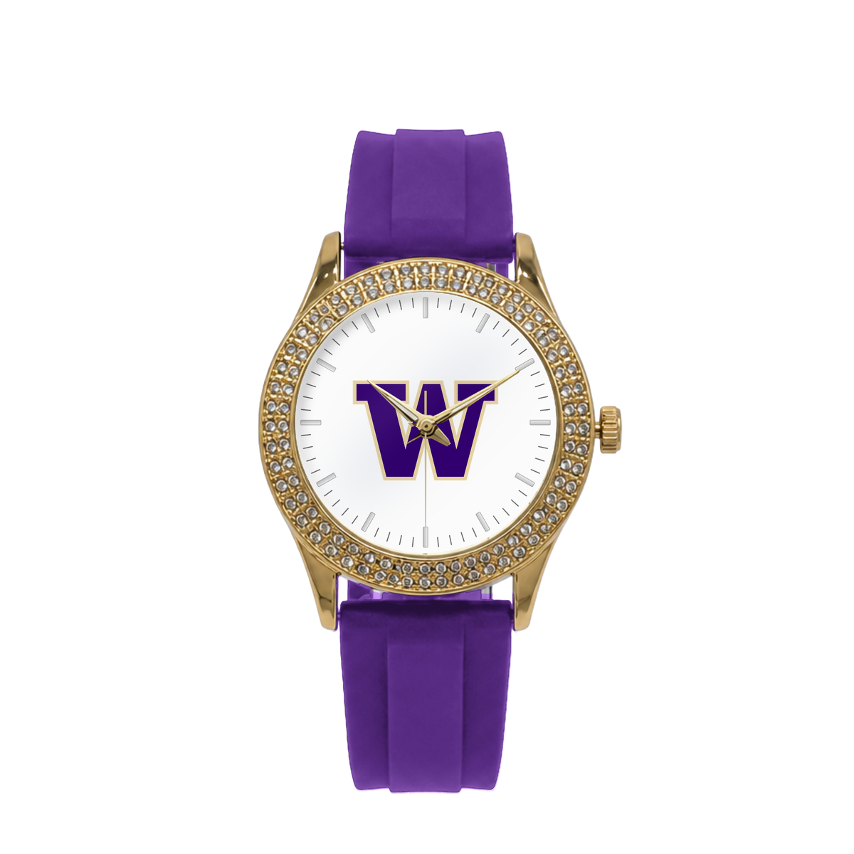Washington Huskies Gold Metal Diamond watch with purple silicone band
