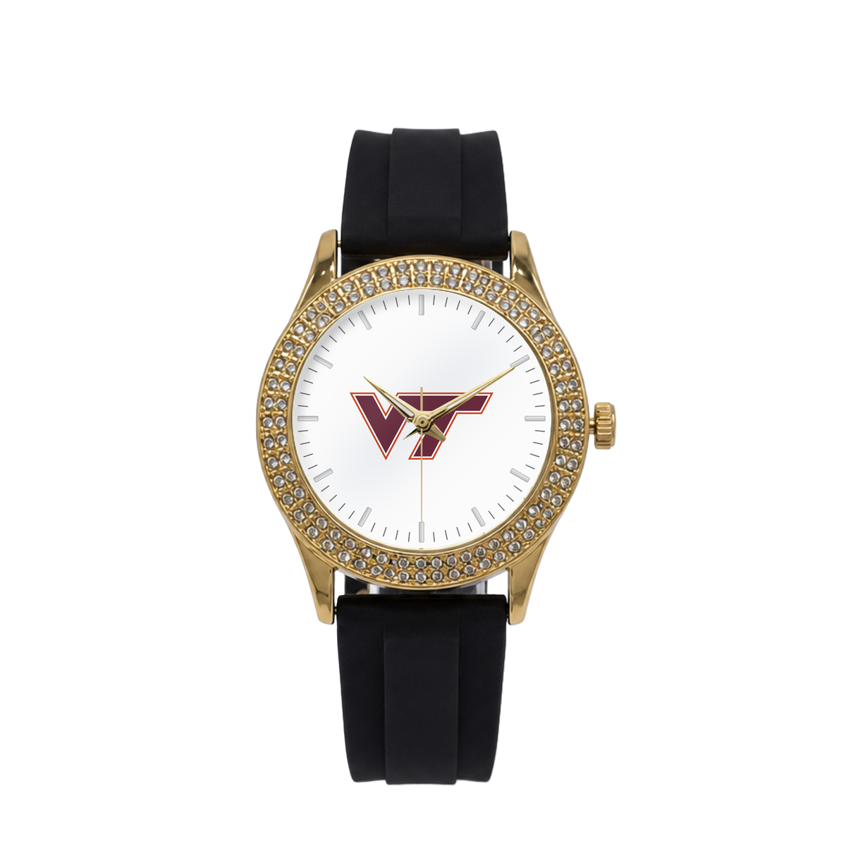 Virginia Tech Hokies Gold Metal Diamond watch with black silicone band
