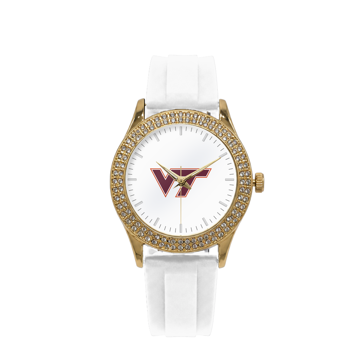 Virginia Tech Hokies Gold Metal Diamond watch with white silicone band