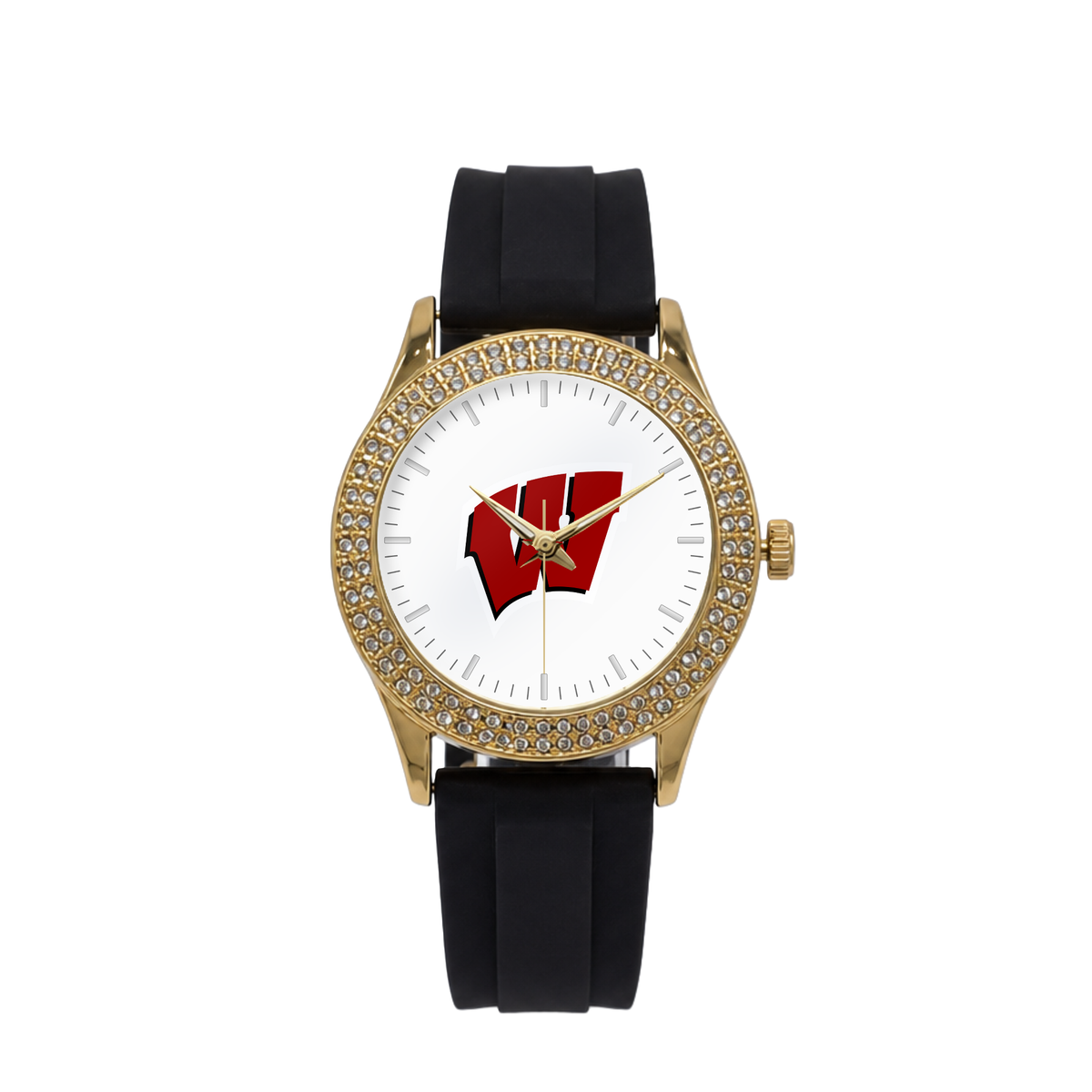 Wisconsin Badgers Gold Metal Diamond watch with black silicone band