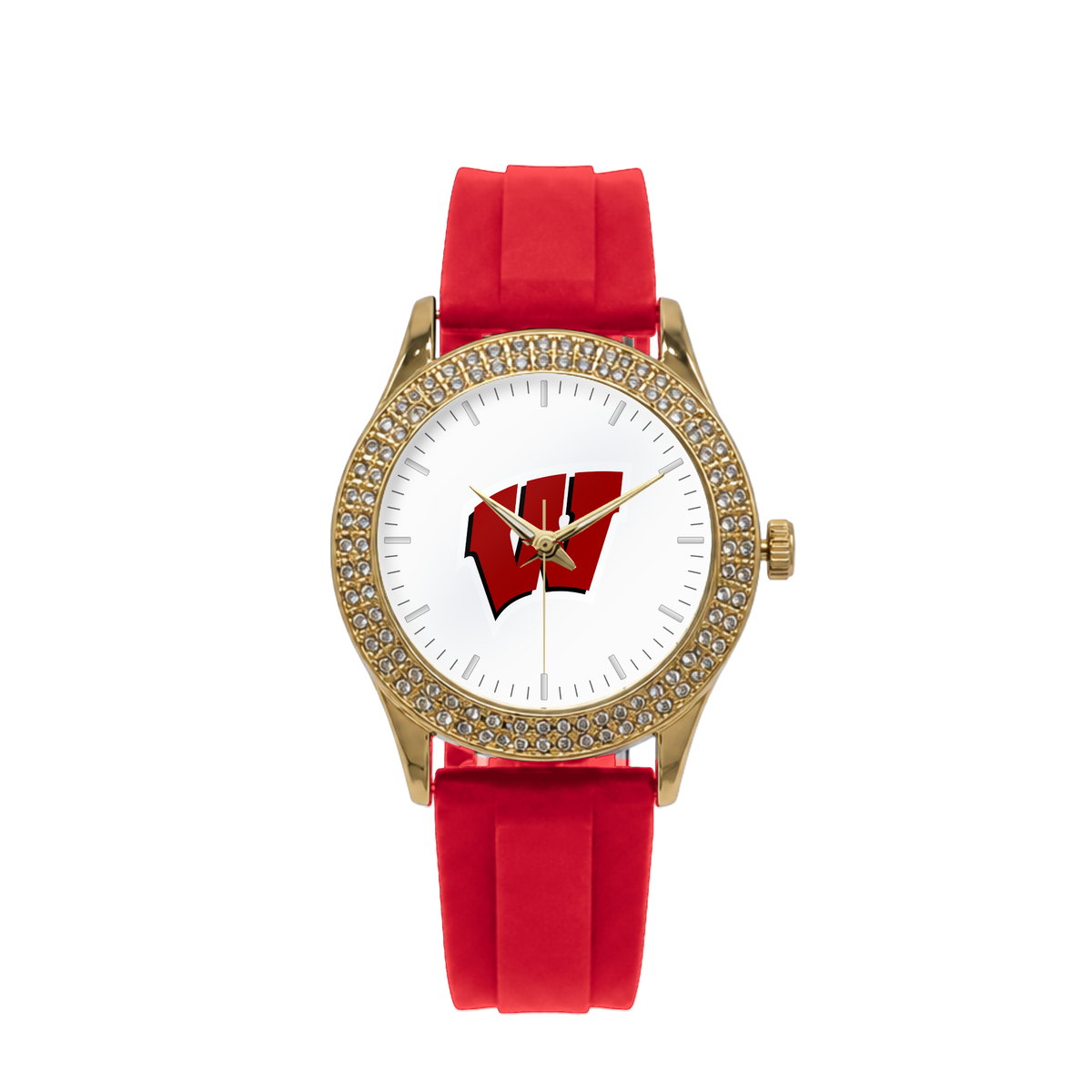 Wisconsin Badgers Gold Metal Diamond watch with red silicone band