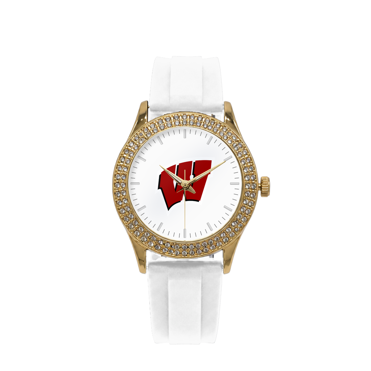 Wisconsin Badgers Gold Metal Diamond watch with white silicone band