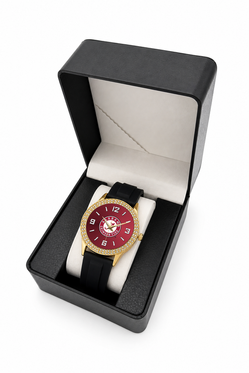 Alabama Crimson Tide Gold Metal Diamond watch with black silicone band in LicensedTime gift box