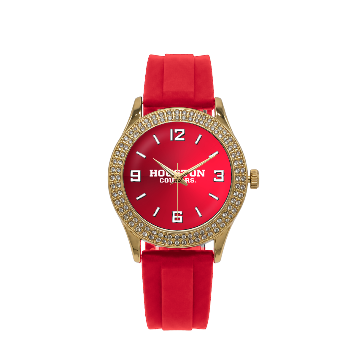 Houston Cougars Gold Metal Diamond watch with red silicone band