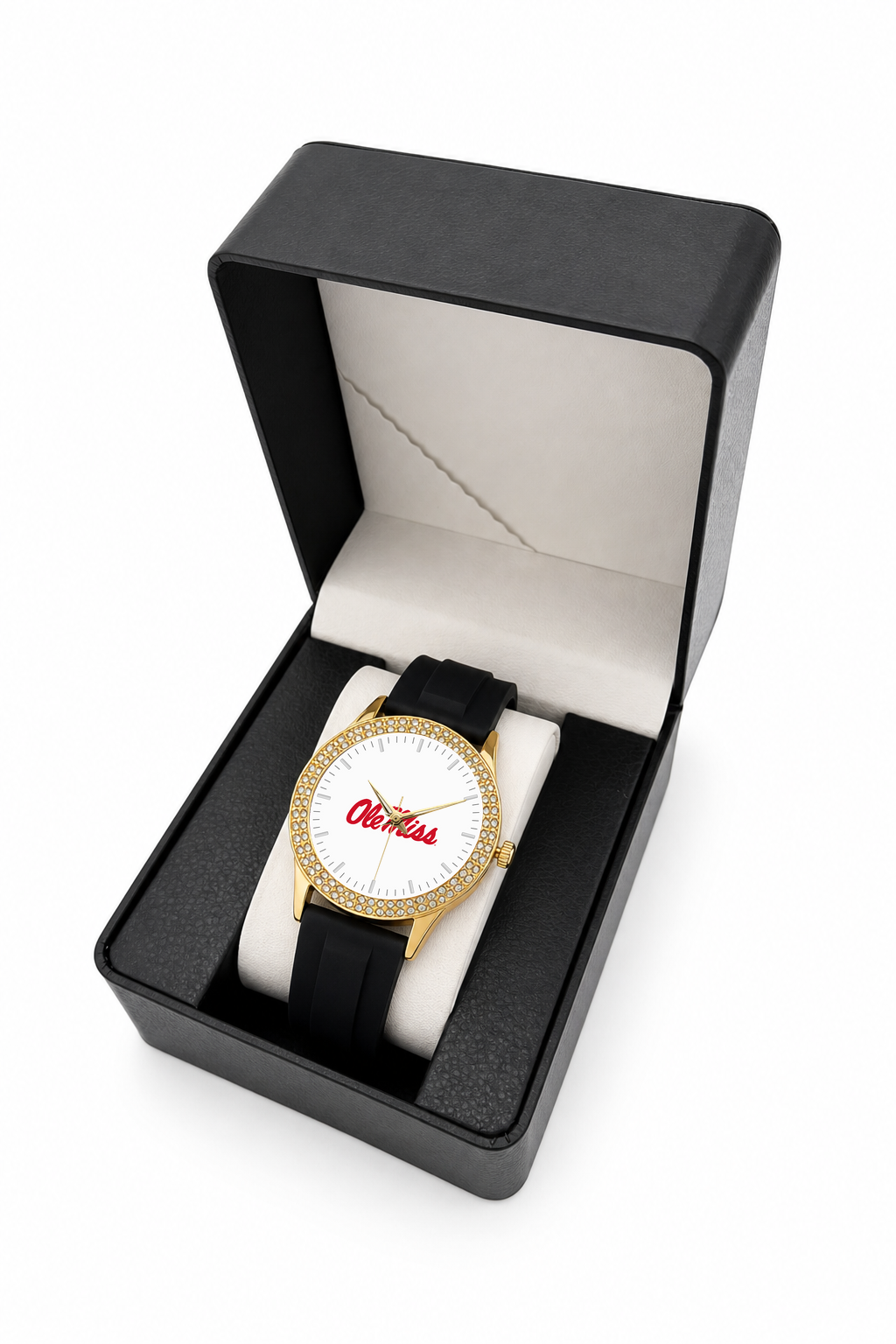 Ole Miss Rebels Gold Metal Diamond watch with black silicone band in LicensedTime gift box