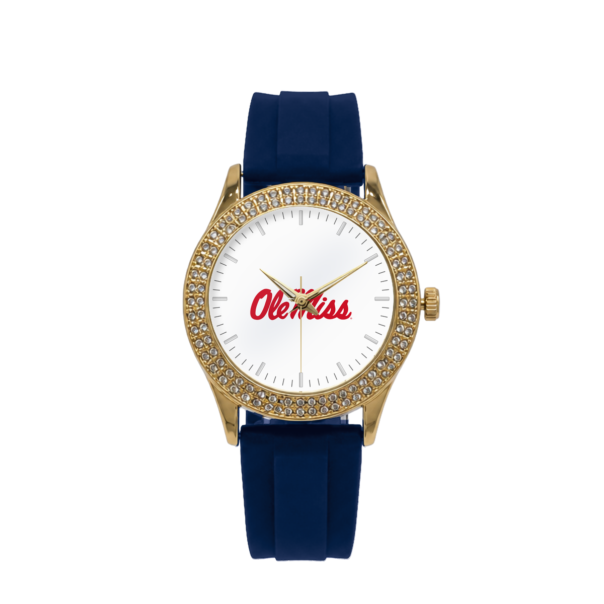Ole Miss Rebels Gold Metal Diamond watch with navy silicone band