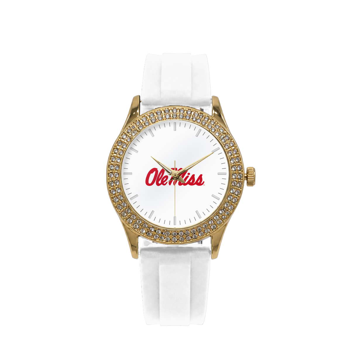 Ole Miss Rebels Gold Metal Diamond watch with white silicone band