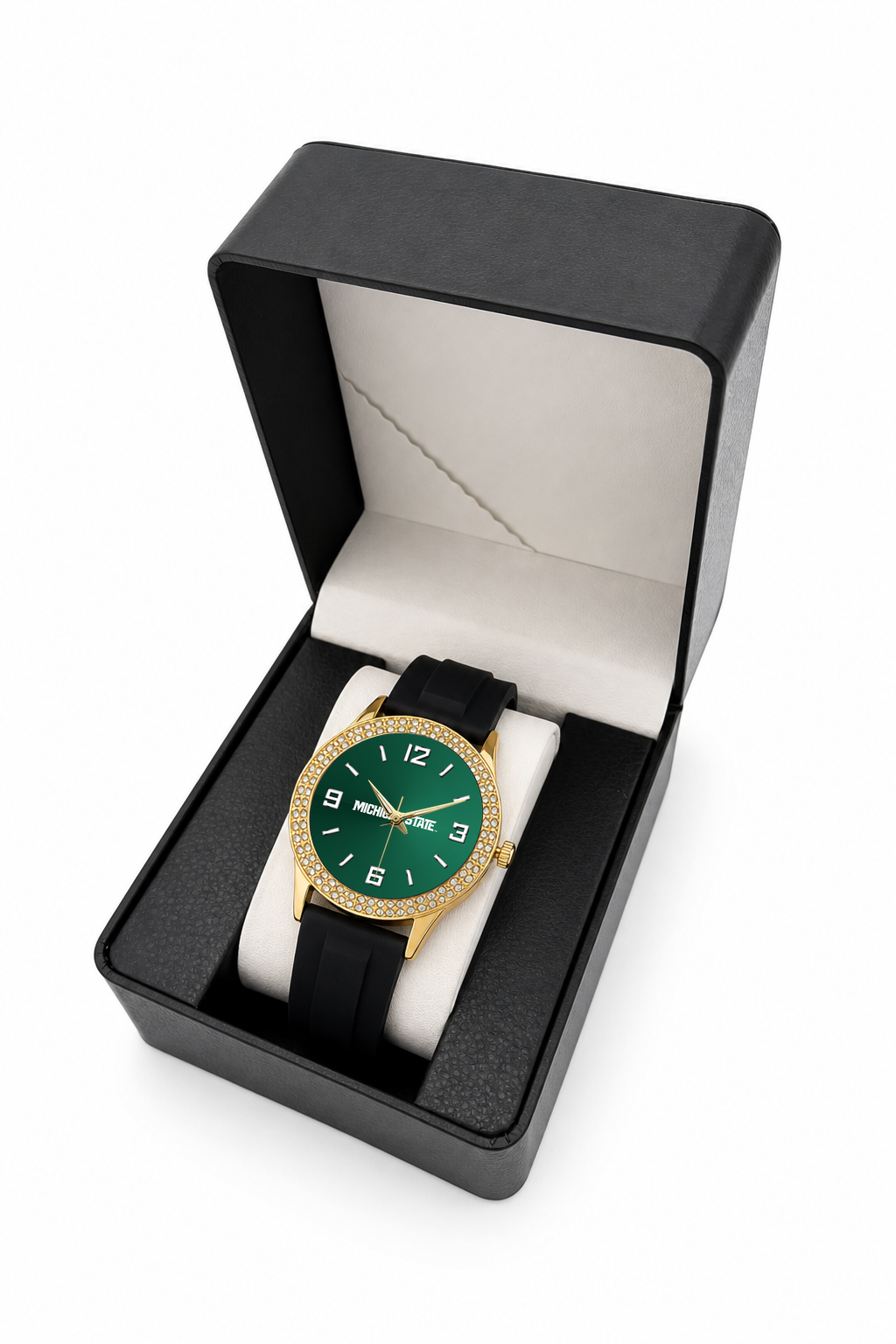 Michigan State Spartans Gold Metal Diamond watch with black silicone band in LicensedTime gift box