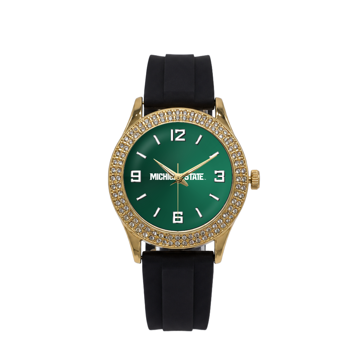 Michigan State Spartans Gold Metal Diamond watch with black silicone band