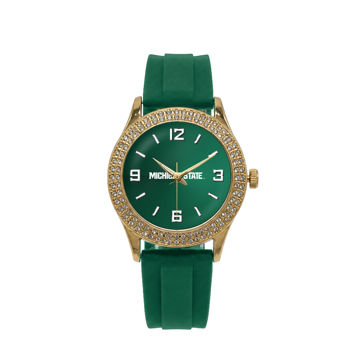 Michigan State Spartans Gold Metal Diamond watch with green silicone band