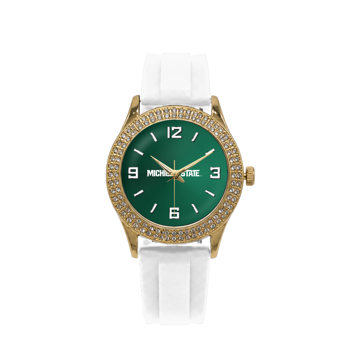 Michigan State Spartans Gold Metal Diamond watch with white silicone band