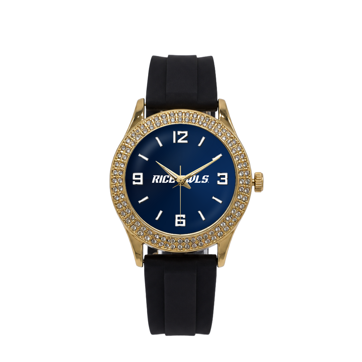 Rice Owls Gold Metal Diamond watch with black silicone band