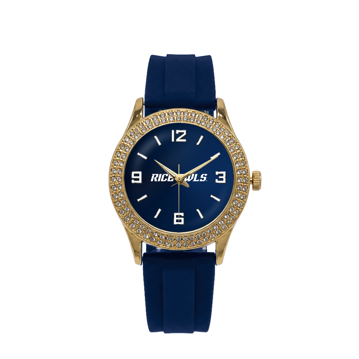 Rice Owls Gold Metal Diamond watch with navy silicone band