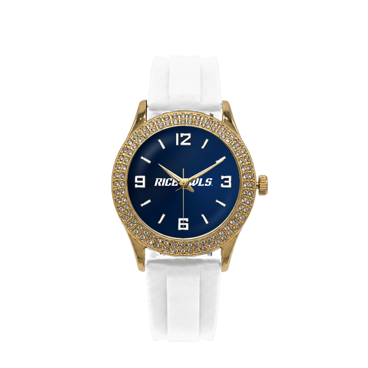 Rice Owls Gold Metal Diamond watch with white silicone band