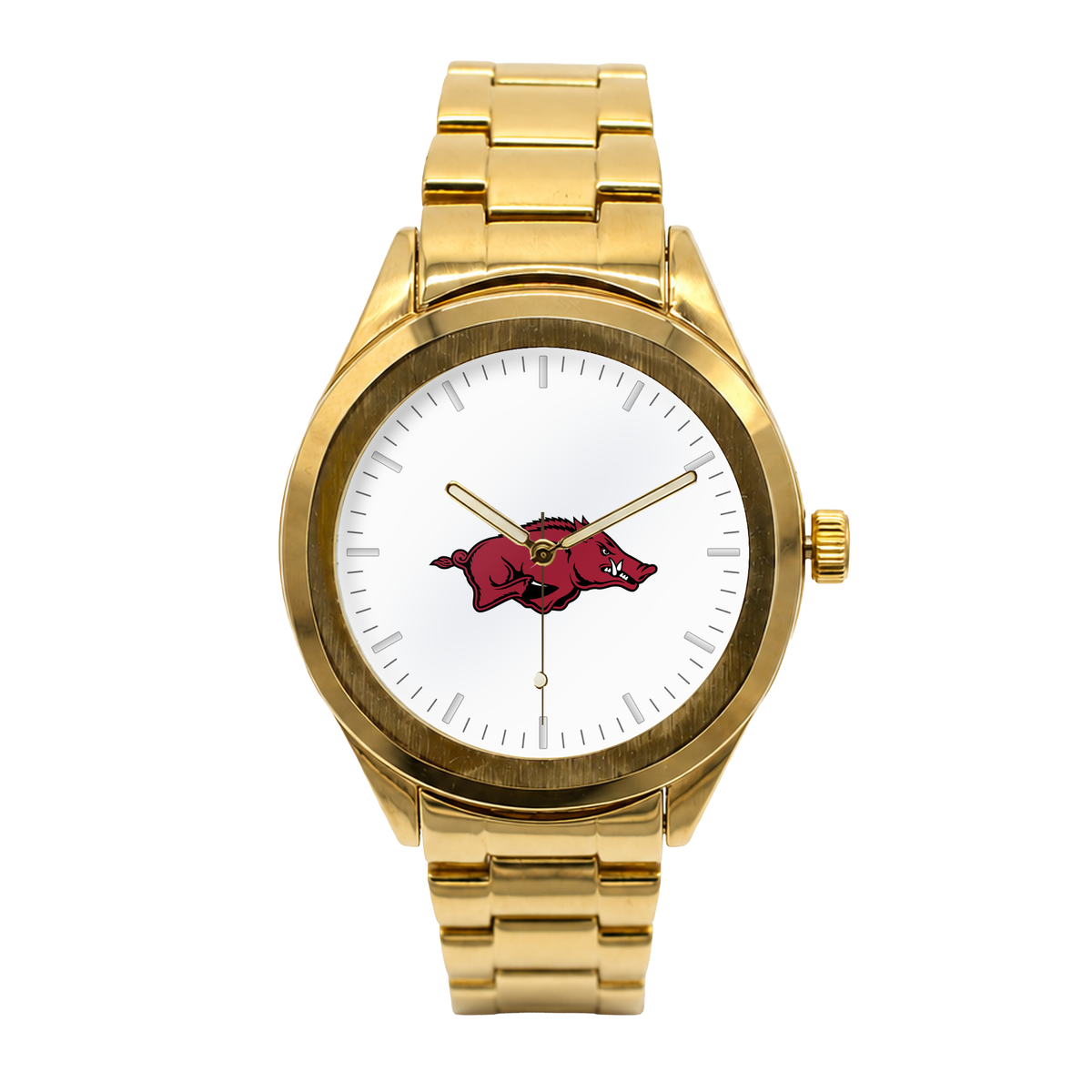 Arkansas Razorbacks Gold Metal Round watch with gold metal bracelet