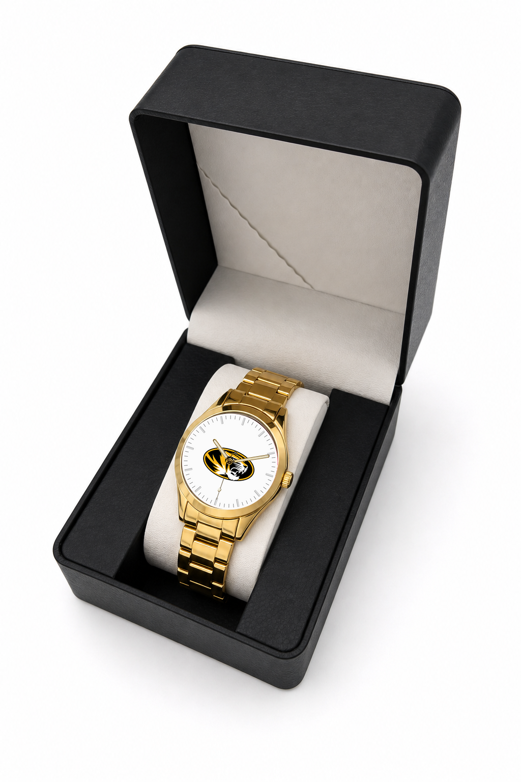 Missouri Tigers Gold Metal Round watch with gold metal bracelet in LicensedTime gift box