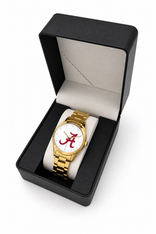 Alabama Crimson Tide Gold Metal Round watch with gold metal bracelet in LicensedTime gift box